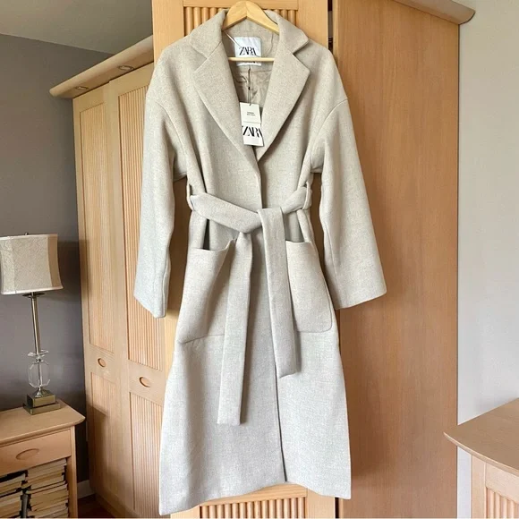 Zara wool blend belted wrap coat cream - Picture 7 of 13